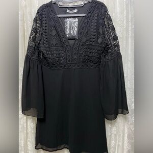 “OSHITONG” Fashion Chic V-Neck Black Lace Sheer-Sleeve Dress (XXL) NWT